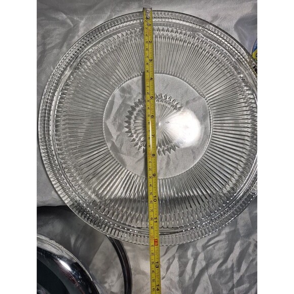 VTG Glass Cake Plate Stainless Steel Dome Lid Covered Dish Ribbed Footed 12" - Picture 13 of 16